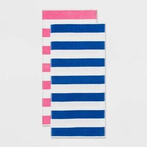 Sun Squad 2pk Striped Beach Towels 28x58 Pink Blue 100% Cotton NEW
